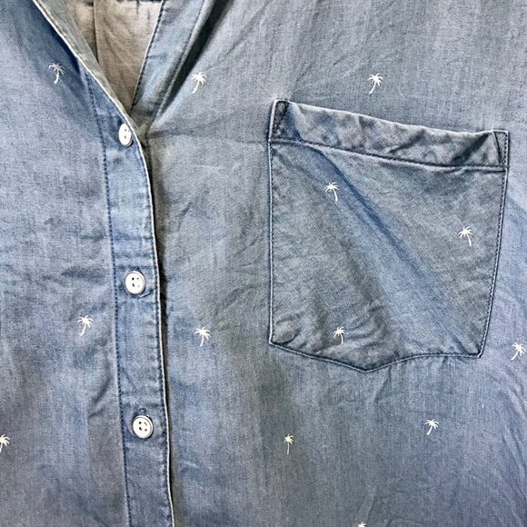 Jach's Girlfriend Women's Chambray Palm Tree Print Cap Sleeve Button-Up Size 2XL - Picture 5 of 10